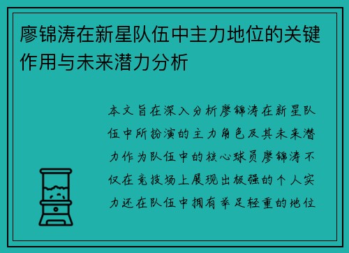 廖锦涛在新星队伍中主力地位的关键作用与未来潜力分析
